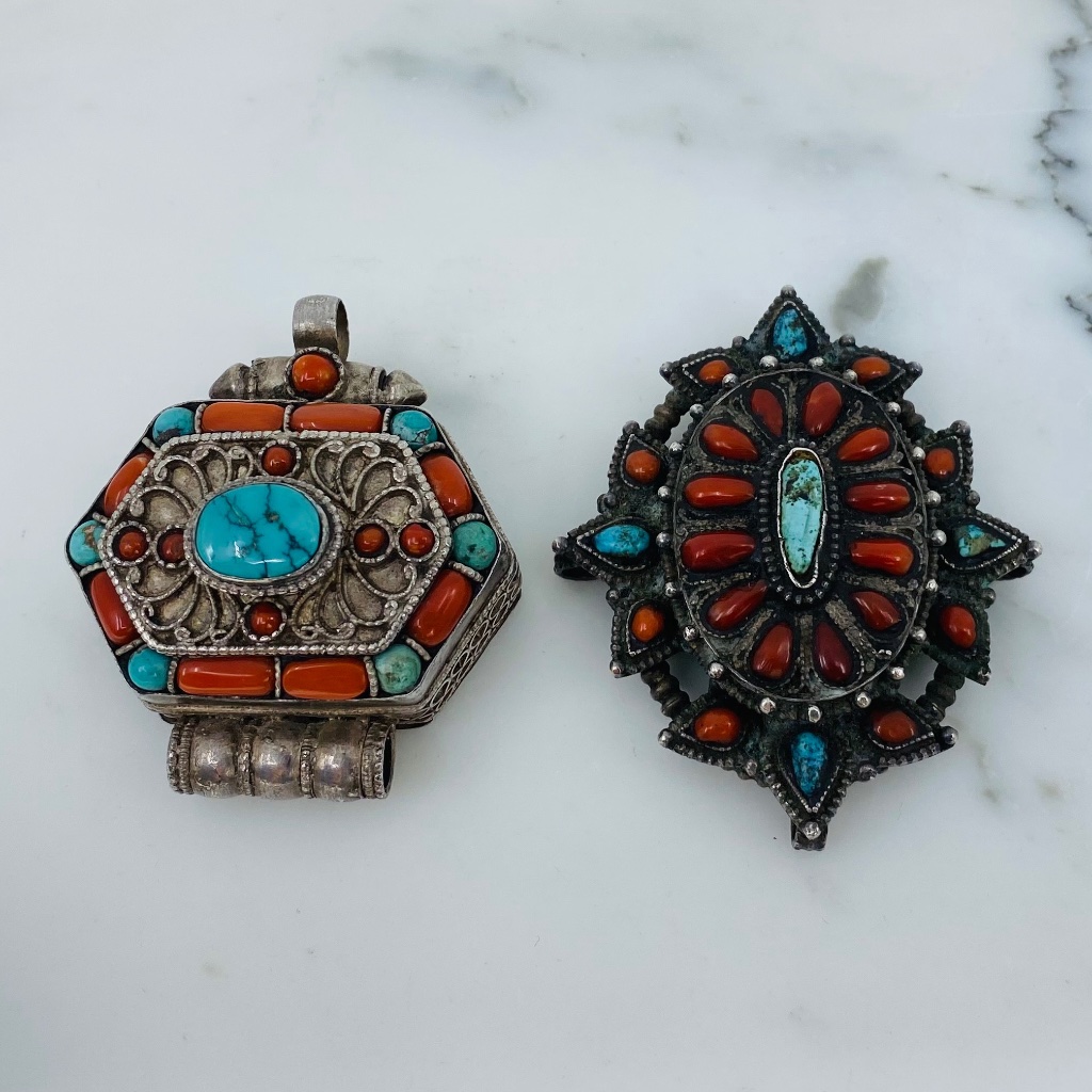 Antique 2 Tibtain Silver Natural Coral / Turquoise Pendants.